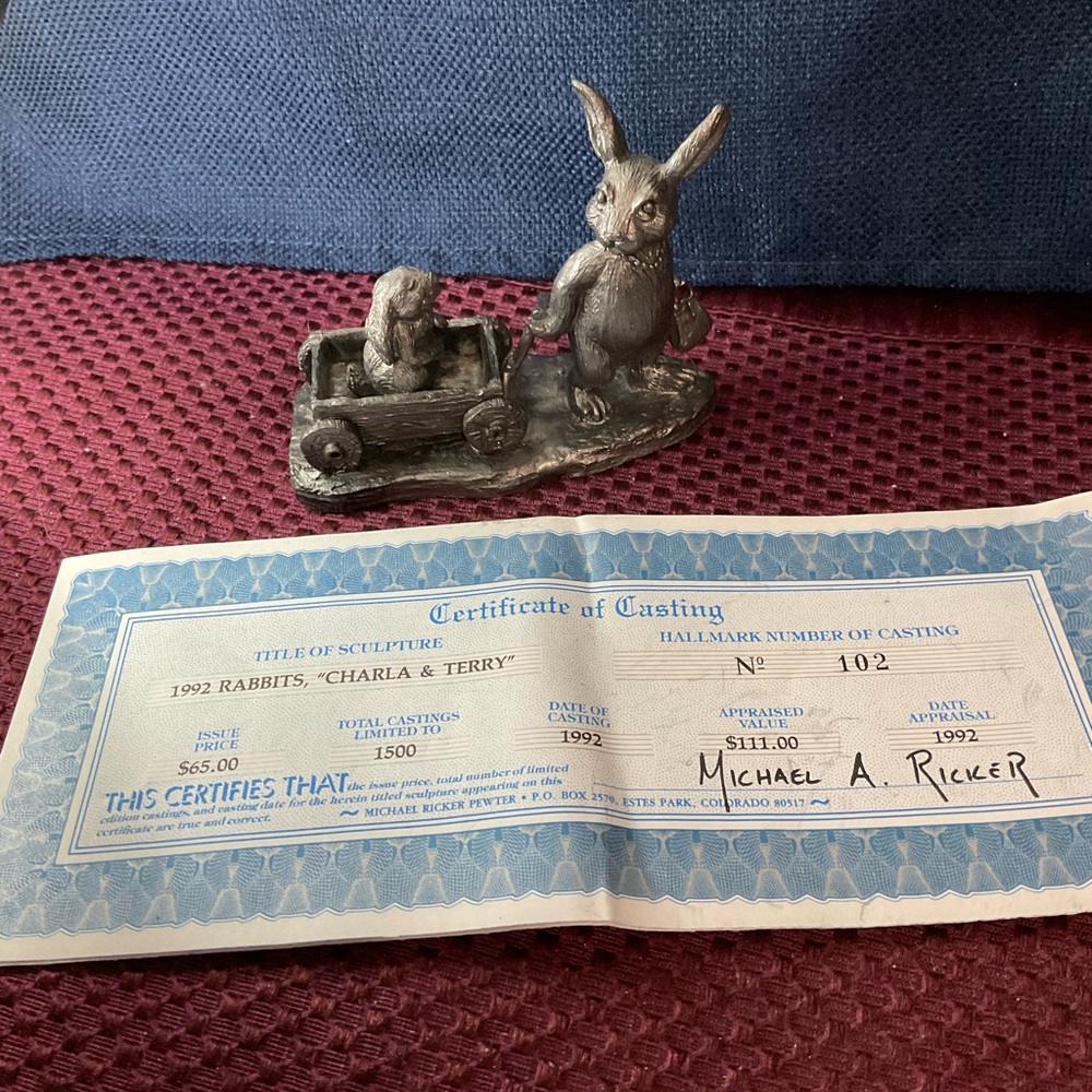 Pewter Sculpture by Michael A Ricker # 102 of 1500 cast 1992 Rabbits